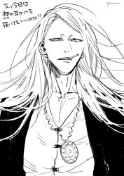 Rule 34 | 1boy, black jacket, blonde hair, cigarette, collarbone, fate/grand order, fate (series), jacket, jewelry, long hair, looking at viewer, male focus, medallion, monochrome, necklace, nervlish, open clothes, open jacket, shirt, simple background, sketch, solo, tezcatlipoca (fate), translation request, upper body, white background, white shirt