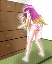 Rule 34 | 1girl, artist request, ass, back, backboob, barefoot, blonde hair, blush, breasts, chest of drawers, convenient censoring, embarrassed, from behind, gradient hair, highres, hijiri byakuren, long hair, looking at viewer, multicolored hair, panties, purple eyes, purple hair, shiny clothes, shiny skin, solo, topless, touhou, underwear