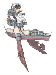Rule 34 | 1girl, aircraft, airplane, bad id, bad pixiv id, battleship, boat, brown eyes, brown hair, chain, crossed arms, giant, giantess, grey hair, hair over one eye, hat, imperial japanese navy, kongou (battleship), mecha musume, military, military vehicle, mini person, minigirl, original, peaked cap, personification, red eyes, sano toshihide, ship, simple background, solo, straddling, thighhighs, uniform, warship, watercraft