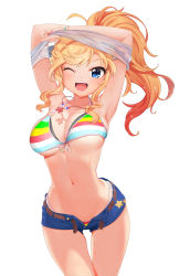 Rule 34 | 1girl, ;d, absurdres, armpits, arms up, belt, bikini, bikini under clothes, blonde hair, blue eyes, blush, breasts, cleavage, collarbone, dopamine70, front-tie bikini top, front-tie top, highres, idolmaster, idolmaster cinderella girls, jewelry, large breasts, lips, long hair, looking at viewer, navel, necklace, ohtsuki yui, one eye closed, open belt, open fly, open mouth, ponytail, shirt, short shorts, shorts, side-tie bikini bottom, simple background, skindentation, smile, solo, striped bikini, striped clothes, swimsuit, teeth, thigh gap, unaligned breasts, unbuckled, unbuttoned, undressing, unzipped, upper teeth only, wavy hair, wet, white background, white shirt, zipper, zipper pull tab