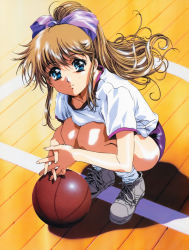 Rule 34 | 1girl, absurdres, ball, basketball, basketball (object), blue eyes, brown hair, buruma, from above, full body, gym uniform, highres, huge filesize, interlocked fingers, kawarajima kou, looking at viewer, ponytail, ribbon, shoes, smile, sneakers, solo