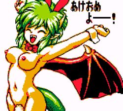 Rule 34 | 1girl, animal ears, arms up, bow, bowtie, breasts, censored, chinese zodiac, closed eyes, convenient censoring, draco centauros, dragon girl, dragon horns, dragon tail, dragon wings, fake animal ears, green hair, happy new year, horns, madou monogatari, medium breasts, navel, new year, nipples, nontraditional playboy bunny, nude, open mouth, pixel art, pointy ears, pom pom (clothes), puyopuyo, rabbit ears, red bow, red bowtie, saiwai hiroshi, sega, short hair, smile, standing, tail, teeth, white background, wings, wrist cuffs, year of the dragon