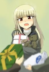 Rule 34 | 1girl, artist name, blonde hair, blunt bangs, blurry, blush, bottle, box, brown background, depth of field, gift, gift box, grete m. gollob, head tilt, highres, long hair, looking at viewer, makaze (t-junction), open mouth, red eyes, ribbon, simple background, solo, strike witches, stuffed animal, stuffed toy, sweatdrop, teddy bear, uniform, upper body, world witches series