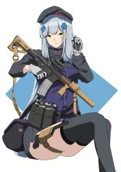 Rule 34 | 1girl, ammunition belt, assault rifle, bag, beret, black hat, black thighhighs, blue hair, breasts, closed mouth, crossed bangs, girls&#039; frontline, gloves, green eyes, gun, h&amp;k hk416, hand in own hair, hat, highres, hk416 (girls&#039; frontline), holding, holding gun, holding weapon, holstered, long hair, looking at viewer, medium breasts, mesuosushi, rifle, sitting, smile, solo, tactical clothes, teardrop, teardrop facial mark, teardrop tattoo, thighhighs, weapon, white background, white gloves