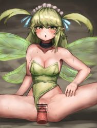 Rule 34 | 1girl, diamond mouth, bar censor, bare arms, bare shoulders, black souls, blue ribbon, blush, breasts, bright pupils, censored, cleavage, clothing aside, collar, collarbone, covered navel, fairy, fairy wings, green eyes, green leotard, green pupils, green wings, hair between eyes, hair ribbon, hetero, highres, leaf (black souls), leotard, leotard aside, light green hair, long hair, maid headdress, medium breasts, penis, pointy ears, pussy, ribbon, ropeperson, sex, spread legs, strapless, strapless leotard, thighs, two side up, vaginal, wings