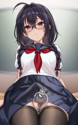 Rule 34 | 1girl, absurdres, ahoge, between thighs, black-framed eyewear, black hair, black thighhighs, blue sailor collar, blue skirt, braid, breasts, closed mouth, commentary request, crossed bangs, frown, glasses, hair between eyes, highres, light blush, long hair, looking at viewer, low twin braids, medium breasts, neckerchief, original, pink eyes, plastic bottle, pleated skirt, puffy short sleeves, puffy sleeves, red neckerchief, sailor collar, school uniform, shirt, short sleeves, sitting, skirt, solo, thighhighs, twin braids, white shirt, yufou