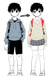 Rule 34 | backpack, bag, before and after, black hair, gender request, genderswap, haida katsuretsu, highres, original, tagme, white background