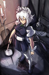 Rule 34 | 1girl, bad id, bad pixiv id, bottle, candle, clenched hand, female focus, from above, izayoi sakuya, kentoyuusuke, knife, maid, maid headdress, perspective, shoes, short hair, short sleeves, silver hair, solo, thighhighs, throwing knife, touhou, weapon, white thighhighs, wrist cuffs