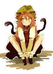 Rule 34 | 1girl, alternate hair length, alternate hairstyle, animal ears, brown eyes, brown hair, cat ears, cat tail, chen, earrings, eyebrows, hat, jewelry, long hair, long sleeves, mob cap, multiple tails, necro (nekurodayo), nekomata, simple background, single earring, sitting, solo, tail, thick eyebrows, touhou, two tails, white background