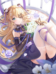 Rule 34 | 1girl, blonde hair, blush, bug, butterfly, cage, closed mouth, dated, dress, fischl (genshin impact), flower, genshin impact, green eyes, highres, insect, lying, miaogujun, on back, panties, pantyhose, rose, smile, thighhighs, underwear, white thighhighs