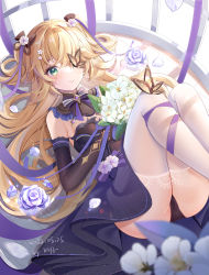 1girl blonde_hair blush bug butterfly cage closed_mouth dated dress fischl_(genshin_impact) flower genshin_impact green_eyes highres insect lying miaogujun on_back panties pantyhose rose smile thighhighs underwear white_thighhighs