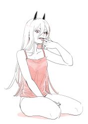 Rule 34 | 1girl, chainsaw man, commentary request, cross-shaped pupils, fangs, hair between eyes, highres, horns, long hair, mouth pull, panties, power (chainsaw man), red tank top, sharp teeth, sitting, solo, symbol-shaped pupils, tank top, teeth, tongue, tongue out, underwear, yokozuwari, yonchi