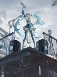 Rule 34 | 1girl, aqua eyes, aqua hair, artist request, black thighhighs, building, convenient censoring, debris, detached sleeves, floating hair, full body, grey sky, handstand, hatsune miku, highres, horns, long hair, looking down, megaphone, microphone, microphone stand, necktie, one arm handstand, platform, serious, shoes, skirt, sky, thighhighs, twintails, vocaloid