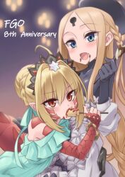 Rule 34 | 2girls, abigail williams (event portrait) (fate), abigail williams (fate), ahoge, bare shoulders, black gloves, black headwear, black shirt, blonde hair, blue dress, blue eyes, blue ribbon, bodystocking, braid, braided ponytail, breasts, chocolate banana, choker, corn dog, dragon tail, dress, eating, elbow gloves, facial mark, fate/grand order, fate (series), forehead, french braid, galbany (tsgororin), gloves, grey dress, hair bun, hair intakes, hair ribbon, hat, highres, ketchup, keyhole, long hair, long sleeves, looking at viewer, multiple girls, nero claudius (fate), nero claudius (fate) (all), off shoulder, open mouth, parted bangs, pointy ears, queen draco (event portrait) (fate), queen draco (fate), red eyes, ribbon, scales, shirt, sidelocks, single glove, small breasts, smile, tail, tiara, very long hair