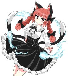 Rule 34 | 1girl, :3, alternate costume, animal ears, bare legs, black bow, black dress, black neckwear, black ribbon, bow, braid, cat ears, chups, dress, extra ears, frilled dress, frills, highres, hitodama, kaenbyou rin, long sleeves, looking at viewer, multiple tails, nail polish, red eyes, red hair, red nails, ribbon, solo, tail, touhou, twin braids, two tails, white background, white frills, white sleeves