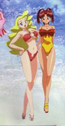 Rule 34 | 1990s (style), 2girls, beach, bikini, blonde hair, breasts, large breasts, long hair, looking at viewer, multiple girls, open mouth, outdoors, red hair, smile, swan white, swimsuit, utsugi mikoto, yuusha ou gaogaigar, yuusha series