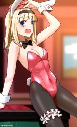 Rule 34 | 1girl, animal ears, black bow, black bowtie, black pantyhose, blonde hair, blue eyes, blush, bow, bowtie, breasts, chinese zodiac, cleavage, covered navel, fake animal ears, fake tail, hairband, hat, highres, hiroshi (hunter-of-kct), indoors, leotard, looking at viewer, luminous witches, maria magdalena dietrich, open mouth, pantyhose, playboy bunny, rabbit ears, rabbit tail, small breasts, smile, solo, tail, world witches series, year of the rabbit