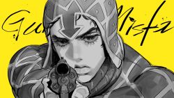 Rule 34 | aiming, aiming at viewer, angry, arrow (symbol), black hair, greyscale, greyscale with colored background, guido mista, gun, gun pointing at viewer, hat, highres, holding, holding gun, holding weapon, jojo no kimyou na bouken, monochrome, qmeng, simple background, vento aureo, weapon, yellow background