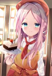 Rule 34 | 1girl, absurdres, apron, aqua eyes, arm at side, blueberry, blush, cafe stella to shinigami no chou, cake, cake slice, closed mouth, collared shirt, colored eyelashes, commentary, cowboy shot, day, eyelashes, food, fruit, hakugan, hand up, hat, heart, highres, holding, holding plate, indoors, licking lips, light particles, lips, long hair, long sleeves, looking at viewer, necktie, orange apron, parted bangs, paw print, pink hair, plate, red hat, red necktie, shioyama suzune, shirt, smile, solo, straight hair, strawberry, tongue, tongue out, twitter username, white shirt, window