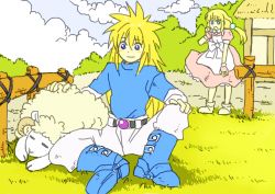 Rule 34 | 1boy, 1girl, apron, belt, blonde hair, blue eyes, boots, brother and sister, dress, fingerless gloves, flat color, gloves, lilith aileron, long hair, nature, open mouth, outdoors, pants, ribbon, sheep, shoes, siblings, sky, stahn aileron, tales of (series), tales of destiny
