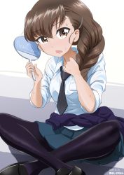 Rule 34 | 1girl, absurdres, artist name, black footwear, black necktie, black pantyhose, blue skirt, blue sweater, braid, brown eyes, brown hair, clothes around waist, collar tug, commentary, dated, dress shirt, frown, girls und panzer, hair ornament, hair over shoulder, hairclip, hand fan, head tilt, highres, holding, holding fan, indian style, loafers, long hair, long sleeves, looking at viewer, loose necktie, miniskirt, necktie, one-hour drawing challenge, open mouth, pantyhose, paper fan, pleated skirt, romaji text, rukuriri (girls und panzer), school uniform, shadow, shirt, shoes, single braid, sitting, skirt, sleeves rolled up, solo, st. gloriana&#039;s school uniform, stairs, sweat, sweater, sweater around waist, tonan leopard, white shirt, wing collar