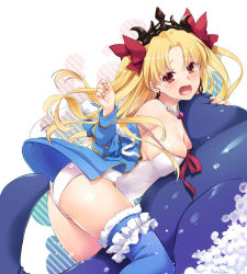 Rule 34 | 1girl, ass, bare shoulders, blonde hair, blue jacket, blue thighhighs, breasts, cleavage, earrings, ereshkigal (fate), fate/grand order, fate (series), fur-trimmed hood, fur trim, hair ribbon, highleg, highleg swimsuit, hood, hoop earrings, inflatable dolphin, inflatable toy, jacket, jewelry, long hair, long sleeves, looking at viewer, medium breasts, nakajima yuka, necklace, off shoulder, one-piece swimsuit, open clothes, open jacket, parted bangs, red eyes, ribbon, single thighhigh, solo, swimsuit, thighhighs, tiara, two side up, white one-piece swimsuit
