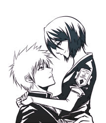 Rule 34 | 1boy, 1girl, arms around neck, badge, bleach, breasts, bridal gauntlets, carrying, closed mouth, couple, eye contact, facing another, from side, fukutaichou badge, gloves, half-closed eyes, happy, hetero, holding, japanese clothes, kimono, kuchiki rukia, kurosaki ichigo, looking at another, looking down, looking up, monochrome, natsuru (pixiv1458165), obi, parted lips, sash, shihakusho, short hair, short sleeves, simple background, small breasts, smile, spiked hair, upper body