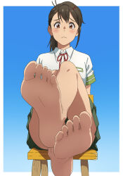 Rule 34 | 1girl, bare legs, barefoot, blue background, blush, brown eyes, brown hair, chair, closed mouth, crossed ankles, crossed legs, feet, feet up, foot focus, gradient background, green skirt, hair ornament, hairclip, highres, iwato suzume, long hair, looking at viewer, neck ribbon, pleated skirt, ponnu (skeb boshuuchu), ponytail, red ribbon, ribbon, school uniform, shirt, short sleeves, sitting, skirt, soles, suzume no tojimari, white shirt, x hair ornament