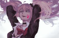 Rule 34 | 1girl, ahoge, arms up, bad id, bad twitter id, bear hair ornament, black choker, black shirt, blood, blood on face, blouse, bow, choker, danganronpa: trigger happy havoc, danganronpa (series), enoshima junko, grey background, hair ornament, long sleeves, looking at viewer, pink blood, pink eyes, red bow, shirt, simple background, solo, teeth, tetose, twintails, upper body, upper teeth only