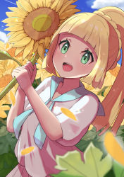 Rule 34 | 1girl, blonde hair, blush, braid, cloud, collarbone, commentary request, creatures (company), day, eyelashes, falling petals, flower, french braid, game freak, genkigamichiru, green eyes, hands up, high ponytail, highres, holding, holding flower, leaf, lillie (pokemon), long hair, nintendo, open mouth, outdoors, petals, pleated skirt, pokemon, pokemon sm, shirt, short sleeves, skirt, sky, smile, solo, summer, sunflower, teeth, tongue, upper teeth only, white shirt, white skirt