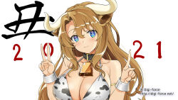 Rule 34 | 1girl, 2021, animal collar, animal ears, animal print, armlet, bell, bikini, black collar, blue eyes, breasts, brown hair, chinese zodiac, cleavage, closed mouth, collar, commentary request, cow ears, cow girl, cow horns, cow print, cowbell, halterneck, horns, index finger raised, kimura shigetaka, large breasts, looking at viewer, neck bell, new year, original, print bikini, simple background, smile, solo, swimsuit, translated, upper body, v, watermark, web address, white background, white bikini, wrist cuffs, year of the ox