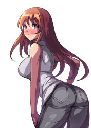 Rule 34 | 1girl, ass, bare shoulders, breasts, brown eyes, brown hair, large breasts, leaning forward, long hair, looking at viewer, looking back, original, saiste, shadow, simple background, smile, solo