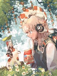 Rule 34 | 2girls, backpack, bag, cat, drink, drinking, drinking straw, headphones, highres, milk, multiple girls, oimo imoo, original, riding, white hair