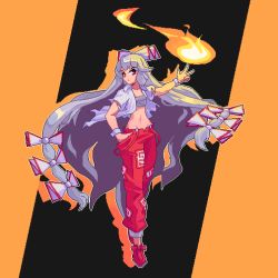 Rule 34 | 1girl, black background, bow, collared shirt, fire, footwear bow, fujiwara no mokou, full body, grey hair, groin, hair bow, hand in pocket, long hair, looking at viewer, multicolored background, multiple bows, navel, ofuda, ofuda on clothes, open clothes, open mouth, open shirt, orange background, pants, pixel art, potemki11, red bow, red eyes, red pants, sarashi, shirt, solo, torn clothes, torn shirt, torn sleeves, touhou, very long hair, w, white shirt