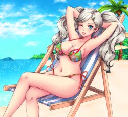 Rule 34 | 1girl, absurdres, arms up, beach, beach chair, bikini, blonde hair, blue eyes, blue sky, breasts, cleavage, commentary, commission, crossed legs, english commentary, floral print, highres, large breasts, looking at viewer, navel, one eye closed, parted lips, persona, persona 5, print bikini, side-tie bikini bottom, sky, stomach, sugarbell, swimsuit, takamaki anne, thighs, twintails