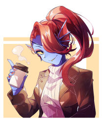 Rule 34 | 1girl, alternate costume, blue skin, border, brown jacket, colored sclera, colored skin, contemporary, cup, disposable cup, eyepatch, fangs, fangs out, fingernails, fins, fish girl, from side, hair over one eye, hand up, head fins, holding, holding cup, index finger raised, jacket, long sleeves, looking at viewer, medium hair, one eye covered, open clothes, open jacket, oshino no, ponytail, red hair, red nails, sharp fingernails, simple background, smile, solo, steam, sweater, swept bangs, turtleneck, turtleneck sweater, two-tone background, undertale, undyne, upper body, white background, white border, white sweater, yellow background, yellow sclera