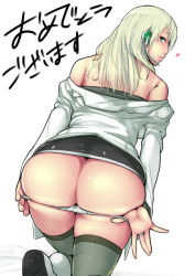 Rule 34 | 1girl, ass, blush, butt crack, character request, from behind, green eyes, headset, heart, jewelry, lips, looking back, off shoulder, panties, panty pull, profile, ring, simple background, smile, solo, thighhighs, thighs, translated, underwear, white hair, white panties, wide hips, xxzero