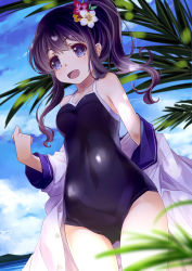 Rule 34 | 1girl, 54hao, :d, bare shoulders, black one-piece swimsuit, blue sky, blurry, blurry foreground, blush, breasts, clothes down, cloud, collarbone, commentary request, competition school swimsuit, day, depth of field, dress, flower, gluteal fold, hair flower, hair ornament, high ponytail, highres, long hair, looking at viewer, medium breasts, mountain, ocean, one-piece swimsuit, open mouth, original, outdoors, palm leaf, ponytail, purple eyes, sailor dress, school swimsuit, sidelocks, sky, smile, solo, standing, swimsuit, tareme, white dress