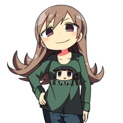 Rule 34 | 10s, 1girl, alternate costume, brown eyes, brown hair, casual, closed mouth, clothes writing, commentary request, expressive clothes, hand on own hip, kanikama, kantai collection, kitakami (kancolle), long hair, long sleeves, looking at viewer, ooi (kancolle), shirt, simple background, solo, t-shirt