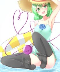 Rule 34 | 1girl, :d, alternate headwear, aqua one-piece swimsuit, arm up, armpits, black thighhighs, blue flower, blue rose, blush, breasts, collarbone, commentary request, convenient leg, dress swimsuit, flower, frilled swimsuit, frills, green eyes, green hair, hair between eyes, hat, hat ribbon, heart, heart of string, highres, innertube, knee up, komeiji koishi, large breasts, looking at viewer, one-piece swimsuit, open mouth, red ribbon, ribbon, rose, sabana (sabasabaflash), short hair, sitting, smile, solo, sparkle, sun hat, swim ring, swimsuit, tareme, thighhighs, third eye, toes, tongue, touhou, water, white background