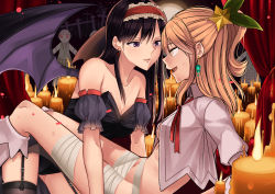 Rule 34 | 2girls, absurdres, aihara mei, aihara yuzu, bandages, bare shoulders, black legwear, blonde hair, breasts, candle, candle wax, candlelight, citrus (saburouta), cleavage, collarbone, commentary, demon wings, earrings, english commentary, fire, frilled hairband, frills, from side, garter straps, green ribbon, hair ornament, hair ribbon, hairband, halloween, halloween costume, high collar, highres, inseki, jewelry, knees up, medium breasts, multiple girls, navel, no bra, open mouth, purple eyes, red hairband, ribbon, shirt, sitting, sleeveless, small breasts, step-siblings, sweatdrop, sweet reverie, thighhighs, white legwear, white shirt, wife and wife, wings, yuri