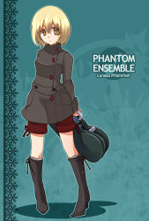 Rule 34 | 1girl, alternate costume, blonde hair, boots, brown footwear, buttons, casual, coat, contemporary, contrapposto, female focus, guitar case, holding, instrument case, inuinui, knee boots, long sleeves, looking at viewer, lunasa prismriver, shorts, solo, standing, touhou