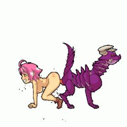 Rule 34 | 1girl, ahoge, all fours, animal penis, animated, animated gif, ass, ass-to-ass, bestiality, blush, boots, bouncing breasts, breasts, clenched teeth, from side, full body, hanging breasts, hetero, horns, interspecies, knotted penis, lowres, monster, nude, ooshima rushimaru, penis, pink hair, profile, sex, short hair, simple background, teeth, vaginal, white background
