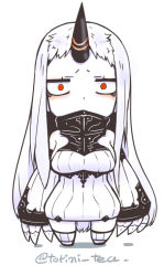 Rule 34 | 10s, 1girl, abyssal ship, bags under eyes, bare shoulders, chibi, claws, colored skin, constricted pupils, covered mouth, detached sleeves, dress, horns, kantai collection, long hair, long sleeves, looking at viewer, orange eyes, ribbed dress, seaport princess, simple background, single horn, solo, standing, staring, torichamaru, twitter username, very long hair, white background, white dress, white hair, white skin