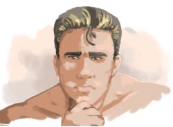 Rule 34 | 1boy, bare pectorals, beige background, billy herrington, brown eyes, brown hair, closed mouth, collarbone, commentary, cropped torso, english commentary, flat color, gachimuchi pants wrestling, hand on own chin, hand up, head rest, khiuly, looking at viewer, male focus, manly, multicolored background, no lineart, pectorals, portrait, serious, shadow, short hair, single bang, sketch, solo, stroking own chin, white background, wrestling (series)