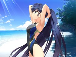 Rule 34 | 1girl, armpits, arms behind head, arms up, beach, blue eyes, blue hair, competition swimsuit, day, itsuki aoba, light rays, long hair, matching hair/eyes, non-web source, one-piece swimsuit, outdoors, ponytail, profile, solo, soshite ashita no sekai yori, sunbeam, sunlight, swimsuit, ueda ryou, very long hair, water
