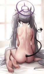 Rule 34 | 1girl, absurdres, arm support, ass, bed sheet, blue archive, completely nude, demon tail, doyoon 7, feet, from behind, grey hair, halo, highres, indoors, iori (blue archive), median furrow, nape, nude, shoulder blades, sitting, soles, solo, tail, toes, twintails, yokozuwari