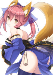Rule 34 | 10s, 1girl, animal ears, ass, bad id, bad pixiv id, breasts, brown eyes, choker, detached sleeves, fate/extra, fate (series), fox ears, fox tail, long hair, looking at viewer, pink hair, smile, solo, tail, tamamo (fate), tamamo no mae (fate/extra), twintails, white background, yuzu-aki