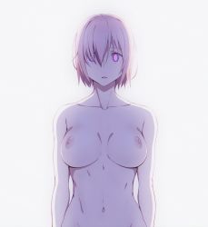 Rule 34 | 1girl, breasts, collarbone, completely nude, fate/grand order, fate (series), female focus, grey background, hair over one eye, highres, large breasts, looking at viewer, mash kyrielight, navel, nipples, nude, pink eyes, pink hair, puge, simple background, solo, upper body