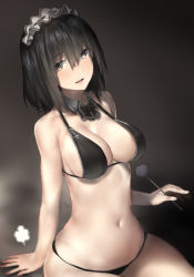Rule 34 | 1girl, :d, puff of air, araido kagiri, arm support, bare arms, bare shoulders, bikini, black bikini, black bow, black bowtie, black hair, bow, bowtie, breasts, brown eyes, cleavage, collarbone, detached collar, hair between eyes, highres, holding, large breasts, long hair, looking at viewer, maid, maid bikini, maid headdress, md5 mismatch, mimikaki, navel, open mouth, original, resolution mismatch, sitting, smile, solo, source larger, stomach, swimsuit, thighs, unconventional maid